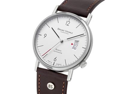 Bruno Söhnle Glashütte Rondo Herrenuhr   Automatik Edelstahl weißes Zifferblatt braunes Lederband – Herrenuhren Uhr mit Datum aus Edelstahl. Das Gehäuse ist rund und silber. Das Lederarmband ist braun. Das Zifferblatt ist arabisch Index und weiß. – Ansicht 3