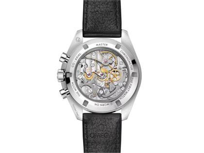 Omega Speedmaster Moonwatch Professional Chronograph Handaufzug Edelstahl 42mm schwarzes Zifferblatt schwarzes Lederband – Herrenuhren Chronograph aus Edelstahl und eloxiertes Aluminium. Das Gehäuse ist rund und silber. Das Lederarmband ist schwarz. Das Zifferblatt ist ein Index in schwarz. – Ansicht 2