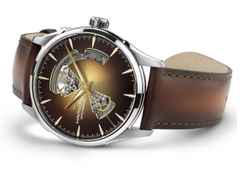 Hamilton Jazzmaster Open Heart Automatik Edelstahl 42mm braunes Zifferblatt braunes Lederband – Herrenuhren Uhr ohne Datum aus Edelstahl und Leder. Das Gehäuse ist rund und silber. Das Lederarmband ist braun. Das Zifferblatt ist ein Index in braun. – Ansicht 5