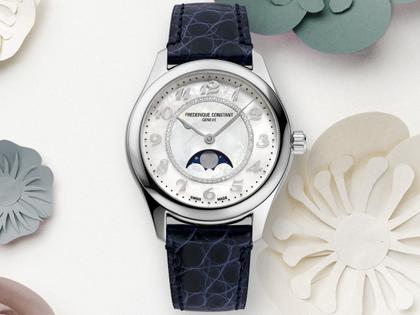 Frederique Constant Classics Elegance Luna Automatik Edelstahl 36mm weißes Zifferblatt blaues Lederband – Damenuhren Uhr ohne Datum aus Edelstahl und Leder. Das Gehäuse ist rund und silber. Das Lederarmband ist blau. Das Zifferblatt ist arabisch und weiß. – Ansicht 4