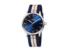 Mühle Glashütte Panova Blau Automatik Edelstahl 40mm blau-weißes Textilband – Herrenuhren Uhr ohne Datum aus Edelstahl und Leder. Das Gehäuse ist rund und silber. Das Textilarmband ist blau. Das Zifferblatt ist ein Index in blau.