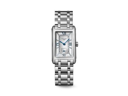 Damenuhren Uhr ohne Datum aus Edelstahl. Das Gehäuse ist rechteckig und silber. Das Edelstahlarmband ist silber. Das Zifferblatt ist römisch und silber.