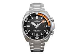 Junghans Aquaris Diver Automatik Edelstahl 47mm schwarzes Zifferblatt Metallband und orangefarbenes Kautschukband – Herrenuhren Uhr mit Datum aus Edelstahl und Kautschuk. Das Gehäuse ist rund und silber. Das Edelstahlarmband ist silber. Das Zifferblatt ist ein Index in schwarz.