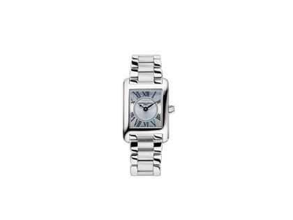Frederique Constant Classics Carree Ladies Quarz Edelstahl 30x21mm blaues Zifferblatt Metallband – Damenuhren Uhr ohne Datum aus Edelstahl. Das Gehäuse ist rechteckig und silber. Das Edelstahlarmband ist silber. Das Zifferblatt ist römisch und blau.