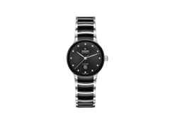 Rado Centrix Diamonds Automatik Edelstahl Roségold-PVD 30,5mm schwarzes Zifferblatt mit Brillanten Metallband – Damenuhren Uhr mit Datum aus Edelstahl und Keramik. Das Gehäuse ist rund und silber. Das Keramikarmband ist schwarz. Das Zifferblatt ist ein Index in schwarz.