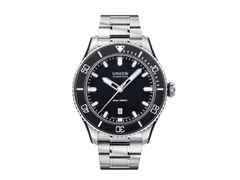 Union Glashütte Belisar  Datum Sport Automatik Edelstahl 45mm schwarzes Zifferblatt Metallband – Herrenuhren Uhr mit Datum aus Edelstahl. Das Gehäuse ist rund und silber. Das Edelstahlarmband ist silber. Das Zifferblatt ist ein Index in schwarz.