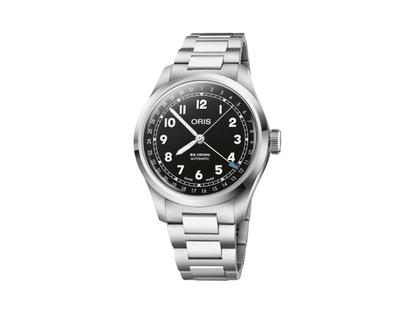 Oris Big Crown Pointer Date Automatik Edelstahl 40mm schwarzes Zifferblatt Metallband – Herrenuhren Uhr mit Datum aus Edelstahl. Das Gehäuse ist rund und silber. Das Edelstahlarmband ist silber. Das Zifferblatt ist arabisch und schwarz.