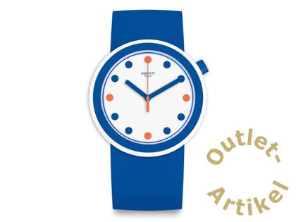 Herrenuhren Uhr ohne Datum aus Kunststoff. Das Gehäuse ist rund und blau. Das Kautschuk / Kunststoff / Silikon Armband ist blau. Das Zifferblatt ist ein Index in weiß.