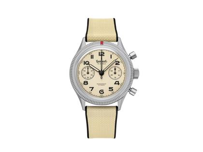 Hanhart 417 TI Desert Pilot Chronograph Handaufzug Titan 39mm beiges Zifferblatt beiges Kautschukband limitiert – Herrenuhren Chronograph aus Kautschuk und Titan. Das Gehäuse ist rund und silber. Das Kautschuk / Kunststoff / Silikon Armband ist beige. Das Zifferblatt ist arabisch und beige.