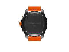 Breitling Endurance Pro 44 Chronograph Quarz Breitlight schwarzes Zifferblatt orangefarbenes Kautschukband – Herrenuhren Chronograph aus Kautschuk und Sonstiges. Das Gehäuse ist rund und schwarz. Das Kautschuk / Kunststoff / Silikon Armband ist orange. Das Zifferblatt ist arabisch Index und schwarz. – Ansicht 2
