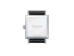 Nomos Glashütte Tetra 27 Handaufzug Edelstahl 27mm weißes Zifferblatt schwarzes Lederband – Damenuhren Uhr ohne Datum aus Edelstahl. Das Gehäuse ist quadratisch und silber. Das Lederarmband ist schwarz. Das Zifferblatt ist arabisch Index und silber. – Ansicht 2