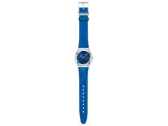 Swatch Irony Lady Blossom Time Blue Petal Promise Quarz Edelstahl 33mm blaues Zifferblatt blaues Lederband – Damenuhren Uhr ohne Datum aus Edelstahl und Leder. Das Gehäuse ist rund und silber. Das Lederarmband ist blau. Das Zifferblatt ist ohne Zeichen und blau. – Ansicht 3
