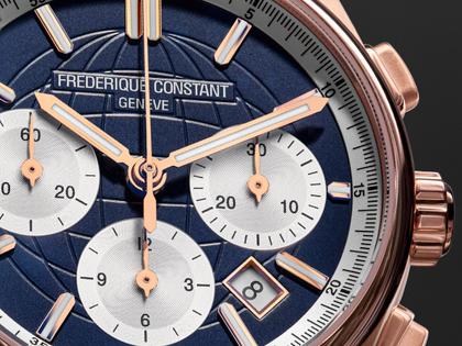 Frederique Constant Highlife Chronograph Automatic Edelstahl Roségold-PVD 41mm blau-weißes Zifferblatt blaues Lederband – Herrenuhren Chronograph aus Edelstahl und Leder. Das Gehäuse ist rund und roségold. Das Lederarmband ist blau. Das Zifferblatt ist ein Index in blau. – Ansicht 5
