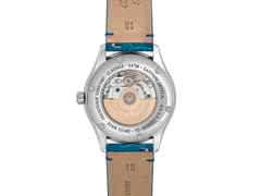 Frederique Constant Classics Elegance Luna Automatik Edelstahl 36mm weißes Zifferblatt blaues Lederband – Damenuhren Uhr ohne Datum aus Edelstahl und Leder. Das Gehäuse ist rund und silber. Das Lederarmband ist blau. Das Zifferblatt ist römisch und weiß. – Ansicht 3