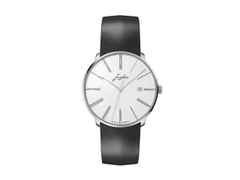 Junghans Meister fein Automatic Edition Erhard Weißgold 39,5mm weißes Zifferblatt schwarzes Lederband – Herrenuhren Uhr mit Datum aus 750 Weißgold. Das Gehäuse ist rund und silber. Das Lederarmband ist schwarz. Das Zifferblatt ist römisch und weiß.