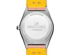 Breitling Chronomat Automatic 36 South Sea Edelstahl rosafarbenes Zifferblatt mit Brillanten und bunten Saphiren rosafarbenes Lederband – Damenuhren Uhr mit Datum aus 750 Weißgold, Edelstahl und Leder. Das Gehäuse ist rund und silber. Das Lederarmband Kroko / Alligator ist rosa. Das Zifferblatt ist ein Index in rosa. – Ansicht 2