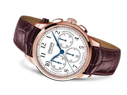 Union Glashütte 1893 Johannes Dürrstein Edition Chronograph Handaufzug Rotgold 41mm weißes Zifferblatt braunes Lederband limitiert – Herrenuhren Chronograph aus 750 Rotgold. Das Gehäuse ist rund und roségold. Das Lederarmband ist braun. Das Zifferblatt ist arabisch und weiß. – Ansicht 4
