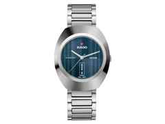 Rado DiaStar Original Automatik Ceramos 38 mm blau Edelstahlband – Herrenuhren Uhr mit Datum aus Edelstahl und Keramik. Das Gehäuse ist oval und silber. Das Edelstahlarmband ist silber. Das Zifferblatt ist ein Index in blau.