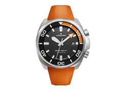 Junghans Aquaris Diver Automatik Edelstahl 47mm schwarzes Zifferblatt Metallband und orangefarbenes Kautschukband – Herrenuhren Uhr mit Datum aus Edelstahl und Kautschuk. Das Gehäuse ist rund und silber. Das Edelstahlarmband ist silber. Das Zifferblatt ist ein Index in schwarz. – Ansicht 2