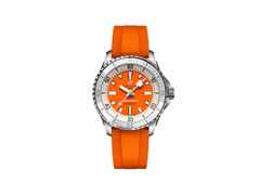 Breitling Superocean Automatic 36 Edelstahl orangenes Zifferblatt orangenes Kautschukband – Damenuhren Uhr ohne Datum aus Edelstahl und Keramik. Das Gehäuse ist rund und silber. Das Kautschuk / Kunststoff / Silikon Armband ist orange. Das Zifferblatt ist ein Index in orange.