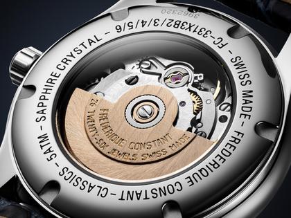 Frederique Constant Classics Elegance Luna Automatik Edelstahl 36mm weißes Zifferblatt blaues Lederband – Damenuhren Uhr ohne Datum aus Edelstahl und Leder. Das Gehäuse ist rund und silber. Das Lederarmband ist blau. Das Zifferblatt ist arabisch und weiß. – Ansicht 10