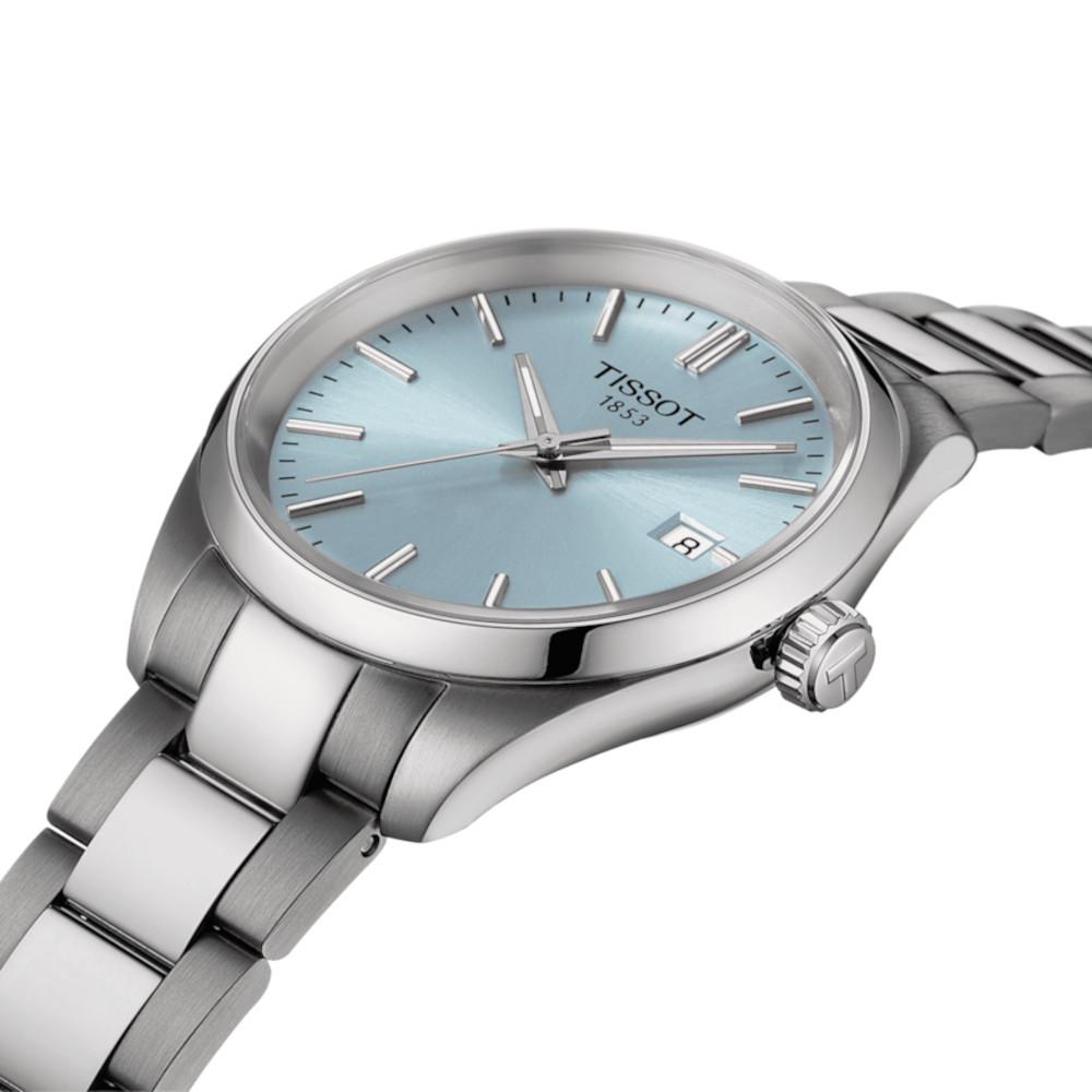 Tissot PR 100 Quarz Edelstahl 34mm hellblaues Zifferblatt Metallband – Damenuhren Uhr mit Datum aus Edelstahl. Das Gehäuse ist rund und silber. Das Edelstahlarmband ist silber. Das Zifferblatt ist ein Index in blau. – Ansicht 2