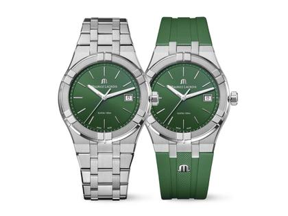 Maurice Lacroix Aikon Date Quarz Edelstahl 40mm grünes Zifferblatt Metallband und grünes Kautschukband – Herrenuhren Uhr mit Datum aus Edelstahl, Kautschuk, PVD beschichtet und vergoldet. Das Gehäuse ist rund und silber. Das Edelstahlarmband ist silber. Das Zifferblatt ist ein Index in grün.