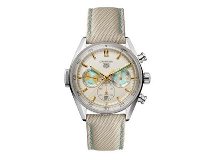 TAG Heuer Carrera Chronograph Seafarer Automatik Edelstahl 42mm beiges Zifferblatt Metallband – Herrenuhren Chronograph aus Edelstahl. Das Gehäuse ist rund und silber. Das Edelstahlarmband ist silber. Das Zifferblatt ist ein Index in beige. – Ansicht 2