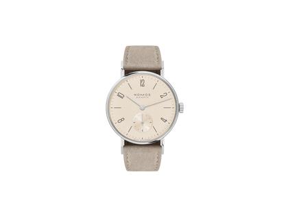 Damenuhren Uhr ohne Datum aus Edelstahl. Das Gehäuse ist rund und silber. Das Lederarmband ist beige. Das Zifferblatt ist arabisch Index und beige.