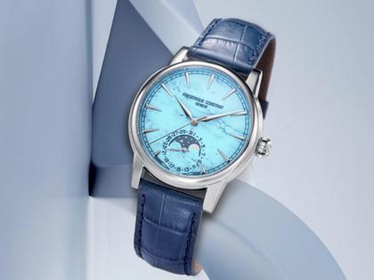 Frederique Constant Manufacture Classic Moonphase Date Automatik Edelstahl 40mm Türkis-Zifferblatt blaues Lederband limitiert – Herrenuhren Uhr mit Datum aus Edelstahl und Leder. Das Gehäuse ist rund und silber. Das Lederarmband Kroko / Alligator ist blau. Das Zifferblatt ist ein Index in türkis. – Ansicht 5
