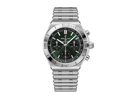 Breitling Chronomat B01 42 Chronograph Automatik Edelstahl grünes Zifferblatt Metallband – Herrenuhren Chronograph aus Edelstahl. Das Gehäuse ist rund und silber. Das Edelstahlarmband ist silber. Das Zifferblatt ist ein Index in grün.