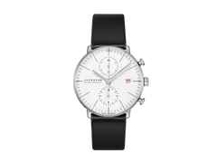 Junghans Max Bill Chronoscope Automatik Weißgold 40mm weißes Zifferblatt schwarzes Lederband – Herrenuhren Chronograph aus 750 Weißgold. Das Gehäuse ist rund und silber. Das Lederarmband ist schwarz. Das Zifferblatt ist ein Index in weiß.