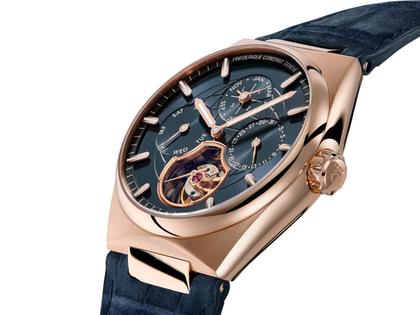 Frederique Constant Highlife Tourbillon Perpetual Calendar Manufacture Automatik Roségold 41mm blaues Zifferblatt blaues Lederband – Herrenuhren Uhr mit Kalender aus 750 Rotgold, Kautschuk und Leder. Das Gehäuse ist rund und roségold. Das Lederarmband Kroko / Alligator ist blau. Das Zifferblatt ist ein Index in blau. – Ansicht 2