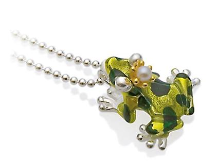 Drachenfels Design Giftpfeilfrosch großer Anhänger grün mit Perle – Anhänger Anhänger mit Besatz aus 925 Silber.