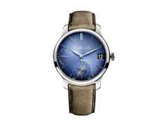 H. Moser & Cie. Endeavour Perpetual Calendar Blau Fumé Handaufzug Weißgold 40,8mm blaues Zifferblatt braunes Lederband – Herrenuhren Uhr mit Kalender aus 750 Weißgold. Das Gehäuse ist rund und silber. Das Lederarmband ist braun. Das Zifferblatt ist ein Index in blau.