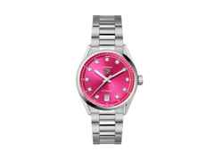 TAG Heuer Carrera Date Automatik Edelstahl 36mm pinkes Zifferblatt mit Brillanten Metallband – Damenuhren Uhr mit Datum aus Edelstahl. Das Gehäuse ist rund und silber. Das Edelstahlarmband ist silber. Das Zifferblatt ist ein Index in rosa.