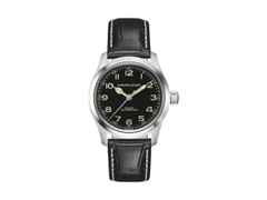Hamilton Khaki Field Murph Automatik Edelstahl 38mm schwarzes Zifferblatt schwarzes Lederband – Herrenuhren Uhr ohne Datum aus Edelstahl und Leder. Das Gehäuse ist rund und silber. Das Lederarmband ist schwarz. Das Zifferblatt ist arabisch und schwarz.