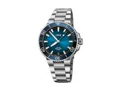 Oris Aquis Date Calibre 400 Automatik Edelstahl 41,5mm blaues Zifferblatt Metallband – Herrenuhren Uhr mit Datum aus Edelstahl. Das Gehäuse ist rund und silber. Das Edelstahlarmband ist silber. Das Zifferblatt ist ein Index in blau.