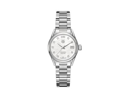 Damenuhren Uhr mit Datum aus Edelstahl. Das Gehäuse ist rund und silber. Das Edelstahlarmband ist silber. Das Zifferblatt ist ein Index in weiß.
