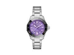 TAG Heuer Aquaracer Professional 300 Date Automatik Edelstahl 36mm lila Zifferblatt mit Brillanten Metallband – Damenuhren Uhr mit Datum aus Edelstahl und Keramik. Das Gehäuse ist rund und silber. Das Edelstahlarmband ist silber. Das Zifferblatt ist ein Index in lila.