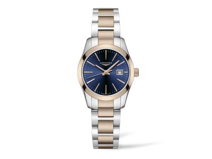 Damenuhren Uhr mit Datum aus Edelstahl. Das Gehäuse ist rund und silber-roségold. Das Edelstahlarmband ist silber-roségold. Das Zifferblatt ist ein Index in blau.