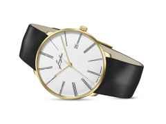 Junghans Meister fein Automatic Edition Erhard Gelbgold 39,5mm weißes Zifferblatt schwarzes Lederband – Herrenuhren Uhr mit Datum aus 750 Gelbgold. Das Gehäuse ist rund und gelbgold. Das Lederarmband ist schwarz. Das Zifferblatt ist römisch und weiß. – Ansicht 3