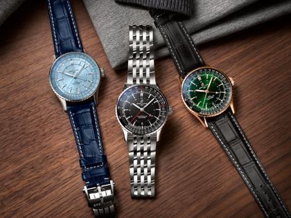 Breitling Navitimer Automatic GMT 41 Chronometer Edelstahl eisblaues Zifferblatt blaues Lederband – Herrenuhren Uhr mit Datum aus Edelstahl. Das Gehäuse ist rund und silber. Das Lederarmband Kroko / Alligator ist blau. Das Zifferblatt ist ein Index in blau. – Ansicht 4