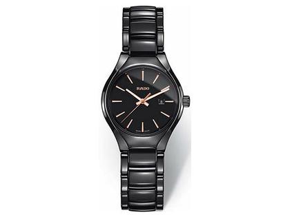 Rado True Black Damenuhr Keramik schwarz Indizes rosé – Damenuhren Uhr mit Datum aus Keramik. Das Gehäuse ist rund und schwarz. Das Keramikarmband ist schwarz. Das Zifferblatt ist ein Index in schwarz.