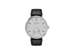 Nomos Glashütte Tangente 39 neomatik Platingrau Automatik 39mm silberfarbenes Zifferblatt schwarzes Lederband Stahlboden – Herrenuhren Uhr ohne Datum aus Edelstahl. Das Gehäuse ist rund und silber. Das Lederarmband ist schwarz. Das Zifferblatt ist arabisch Index und grau.