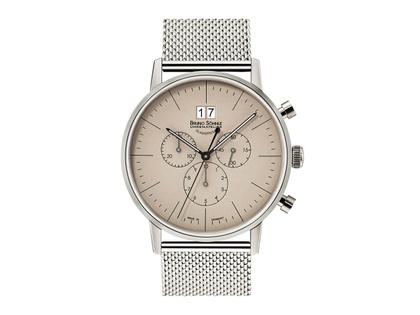 Bruno Söhnle Glashütte Stuttgart     Chrono Big Edelstahl taupe Edelstahlband – Herrenuhren Chronograph aus Edelstahl. Das Gehäuse ist rund und silber. Das Edelstahlarmband ist silber. Das Zifferblatt ist ein Index in grau.