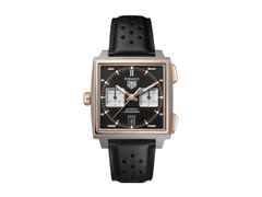 TAG Heuer Monaco Chronograph Automatik Titan und Roségold 39mm schwarzes Zifferblatt schwarzes Lederband – Herrenuhren Chronograph aus 750 Rotgold und Titan. Das Gehäuse ist quadratisch und silber-roségold. Das Lederarmband ist schwarz. Das Zifferblatt ist ein Index in schwarz.