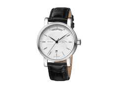 Mühle Glashütte Teutonia II Tag/Datum Automatik Edelstahl 41mm silbernes Zifferblatt schwarzes Lederband – Herrenuhren Uhr mit Datum aus Edelstahl und Leder. Das Armband ist ein Lederarmband Kroko / Alligator. Der Zifferblatt ist ein Index.