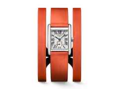 Longines DolceVita   Mini Quarz Edelstahl 22x29mm silbernes Zifferblatt orangefarbenes Lederband – Damenuhren Uhr ohne Datum aus Edelstahl und Leder. Das Gehäuse ist rechteckig und silber. Das Lederarmband ist orange. Das Zifferblatt ist römisch und silber. – Ansicht 5