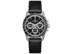 Hamilton Jazzmaster Performer Auto Chrono Edelstahl 42mm schwarzes Zifferblatt schwarzes Lederband – Herrenuhren Chronograph aus Edelstahl und Leder. Das Gehäuse ist rund und silber. Das Lederarmband ist schwarz. Das Zifferblatt ist arabisch Index und schwarz.
